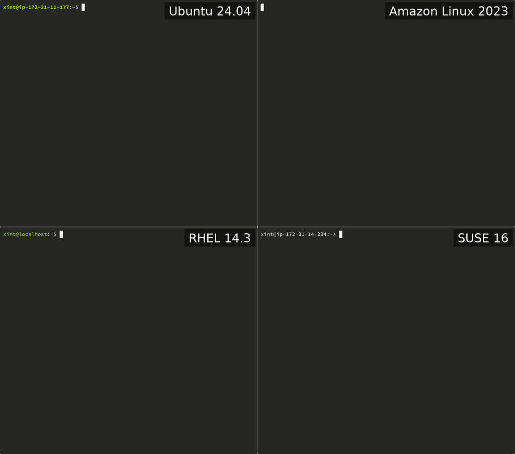 The same 732-byte exploit getting root on Ubuntu, Amazon Linux, RHEL, and SUSE running side-by-side.